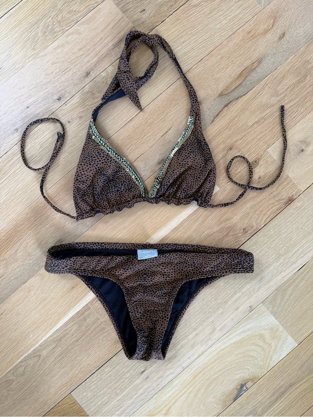 OndadeMar Leopard-Print Sequin-Trim Triangle Bikini Set in Brown & Black